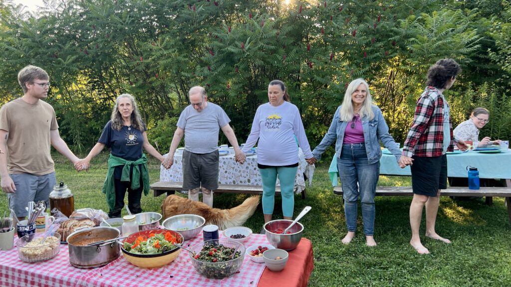 Friends gathering at Living Tree Cohousing during the Vermont Ecovillage Tour.